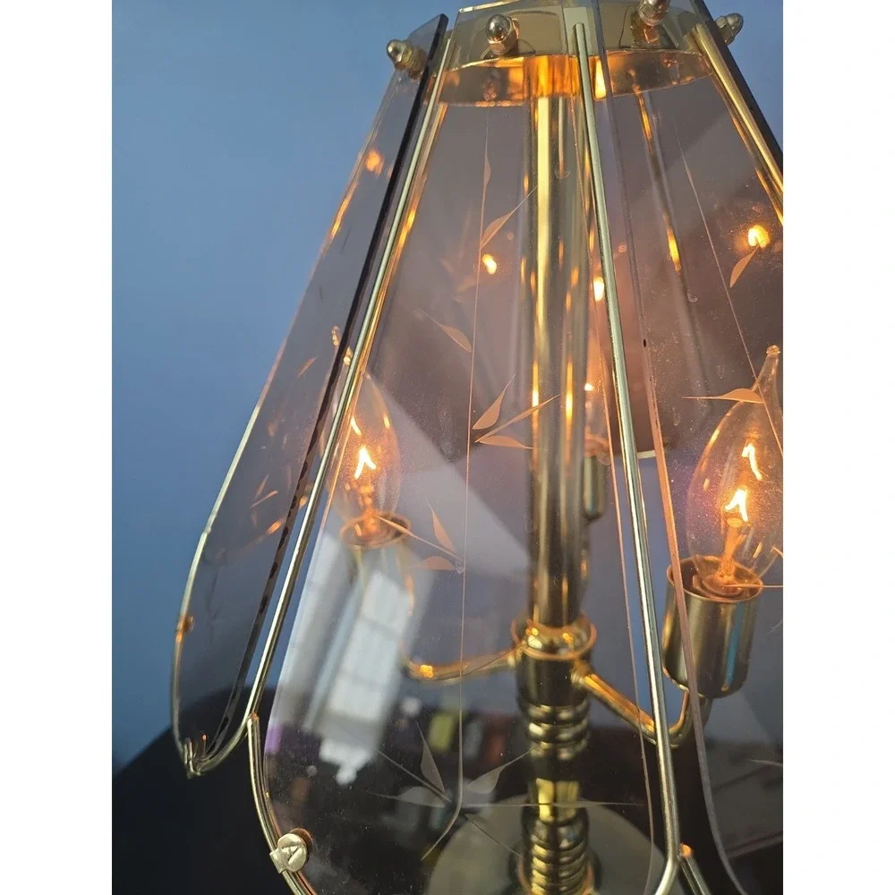 Vtg 8 Panel Touch Lamp Light Flowers Etched Smoked Glass Gold Tone Working 22